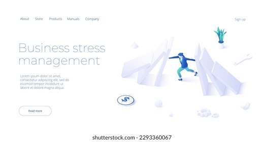 Business burden or debt concept in isometric vector design. Businesswoman under pressure and stress metaphor. Symbol of hard work, burnout syndrome