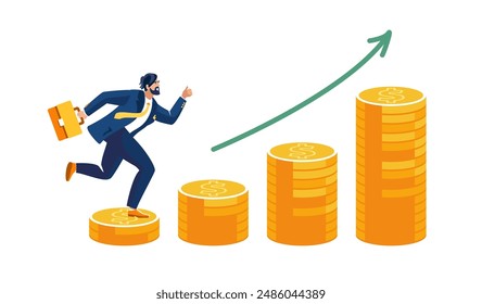 Business. Businessman climbs up on gold coins dollar cents. Growing up arrow graph. Investment business profit growth, increase income, return on investment, people, man, finance. Vector illustration