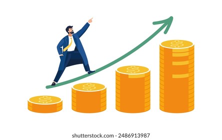 Business. Businessman climbs up on gold coins dollar cents. Growing up arrow graph. Investment business profit growth, increase income, return on investment, people, man, finance. Vector illustration