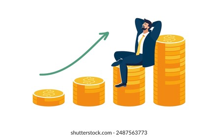 Business. Businessman sitting on growing columns with golden dollar coins. Financial circulation is considered the growth of investment business. Profits increase income, people. Vector illustration