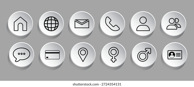 Conjunto de ícones de botão de negócios com elementos de interface circular, como casa, globo, e-mail, telefone, perfil de usuário, bate-papo, cartão de pagamento, pin de local, símbolo de gênero e cartão de identidade. Projetado em estilo plano moderno limpo para interface de usuário da Web, interface de aplicativo móvel, navegação de painel e plataformas de negócios digitais. Totalmente editável, de alta resolução e pronto para uso comercial.