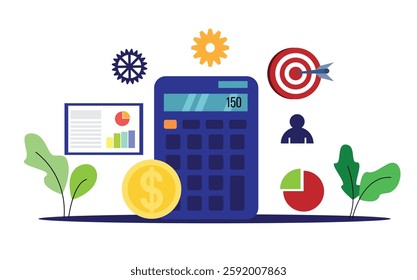 Business Calculator with Coin and Documents for Accounting. Paying taxes and calculating income profits concept vector art