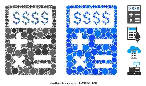 Business calculator composition of round dots in various sizes and shades, based on business calculator icon. Vector round elements are composed into blue collage.