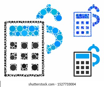 Business calculator composition of small circles in variable sizes and color hues, based on business calculator icon. Vector small circles are organized into blue composition.