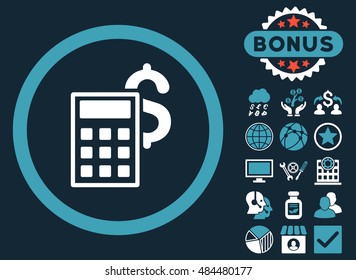 Business Calculator icon with bonus elements. Vector illustration style is flat iconic bicolor symbols, blue and white colors, dark blue background.