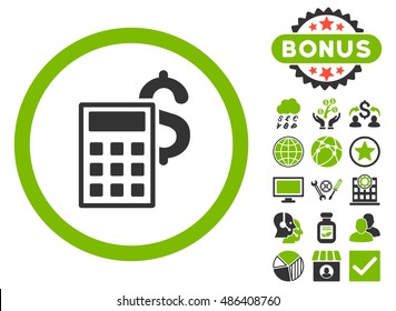 Business Calculator icon with bonus pictures. Vector illustration style is flat iconic bicolor symbols, eco green and gray colors, white background.