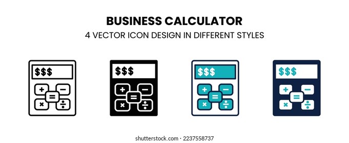 Business calculator icon in outline, thin line, solid, filled and flat style. Vector illustration of two colored and black business calculator vector icons designs can be used for mobile, ui, web