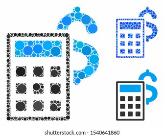 Business calculator mosaic of circle elements in different sizes and shades, based on business calculator icon. Vector circle elements are grouped into blue mosaic.