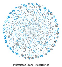 Business Calculator swirl exploding globula. Element cluster designed from random business calculator symbols. Vector illustration style is flat iconic symbols.