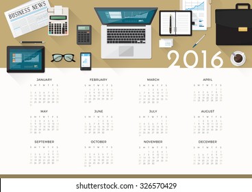 Business calendar 2016, desktop top view with laptop and working tools