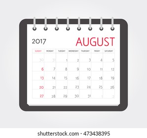 Business calendar 2017 of August. Notebook page. Vector illustration. Week starts Sunday