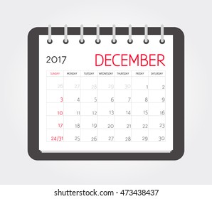 Business calendar 2017 of December. Notebook page. Vector illustration. Week starts Sunday