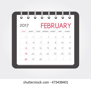 Business calendar 2017 of February. Notebook page. Vector illustration. Week starts Sunday