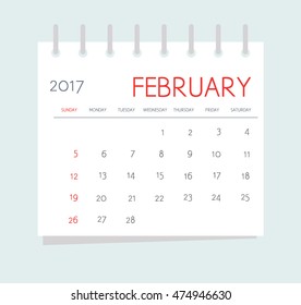 Business calendar 2017 of February. Notebook isolated page. Week starts Sunday. Vector illustration