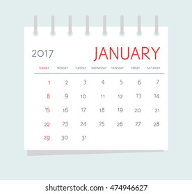 Business calendar 2017 of january. Notebook isolated page. Week starts Sunday