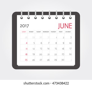 Business calendar 2017 of June. Notebook page. Vector illustration. Week starts Sunday