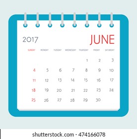 Business calendar 2017 of June. Notebook isolated page. Vector illustration. Week starts Sunday