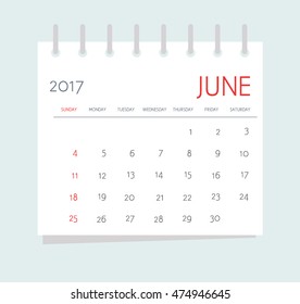 Business calendar 2017 of June. Notebook isolated page. Week starts Sunday