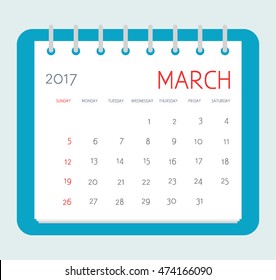 Business calendar 2017 of March. Notebook isolated page. Vector illustration. Week starts Sunday