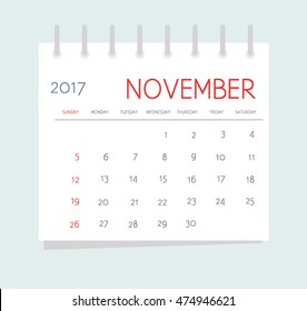 Business calendar 2017 of November. Notebook isolated page. Week starts Sunday