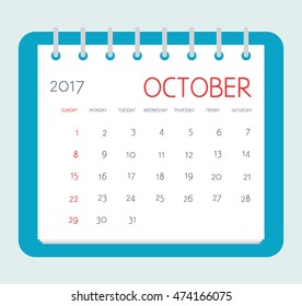 Business calendar 2017 of October. Notebook isolated page. Vector illustration. Week starts Sunday