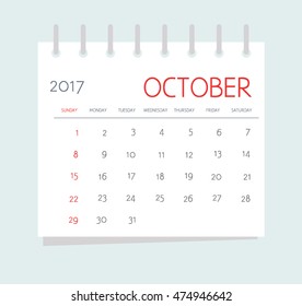 Business calendar 2017 of October. Notebook isolated page. Week starts Sunday