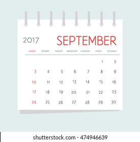 Business calendar 2017 of September. Notebook isolated page. Week starts Sunday