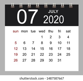 Business calendar 2020 of July. Notebook isolated page. Week starts Sunday. Vector illustration.