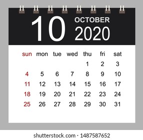 Business calendar 2020 of October. Notebook isolated page. Week starts Sunday. Vector illustration.