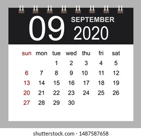 Business calendar 2020 of September. Notebook isolated page. Week starts Sunday. Vector illustration.