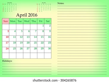 Business calendar grid for 2016 year by months with marked weekend days. April. Place for notes and holidays. Vector illustration