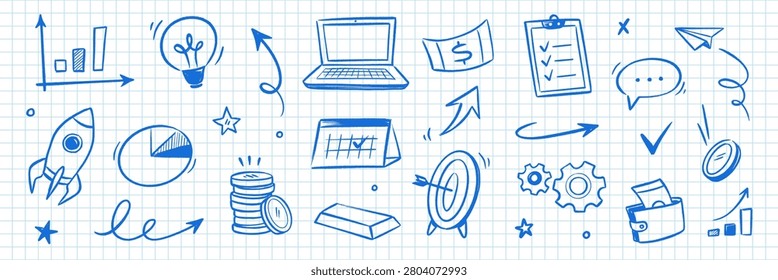 Business calendar icon doodle set. Hand drawn business calendar icon with chalk arrow money graph finance. Marketing communication growth goal analytics rocket innovation target. Vector illustration