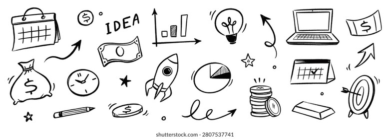 Business calendar icon doodle set. Hand drawn business calendar icon with chalk arrow money graph finance. Marketing communication growth goal analytics rocket innovation target. Vector illustration