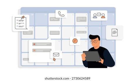 Business Calendar Planning mit Aufgabenliste und E-Mail Drag Interaction, flache Vektorgrafik. Flache Vektorgrafik einer Planungsschnittstelle für Geschäftskalender mit Aufgabenliste, variablen Produktivitätssymbolen und E-Mail-Drag-Interaktion. Ein professioneller Charakter arbeitet mit einem digitalen Tablet zusammen, während er Aufgaben auf einem Kalender-Dashboard organisiert. Konzept für Workflow-Management, Produktivität, Planung, Aufgabenorganisation und moderne SaaS-Benutzeroberfläche. Ideal für Webanwendungen, Unternehmenssoftware, Projektmanagement-Tools und Unternehmenspräsentationen.