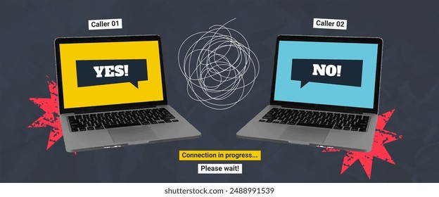 Llamada de negocios de fondo retro con manos de collage de medio tono, portátil y Formas abstractas grunge. Anuncio de comunicación en medios sociales. Concepto de diseño de conexión a Internet en línea.