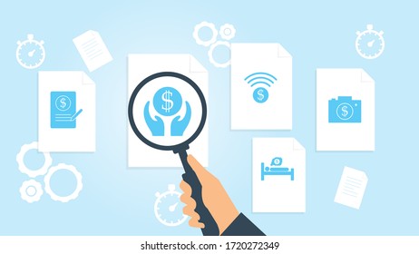 Business, camera file, document research vector illustrationDocument with search icons. File and magnifying glass. Analytics research sign. Vector Illustration
