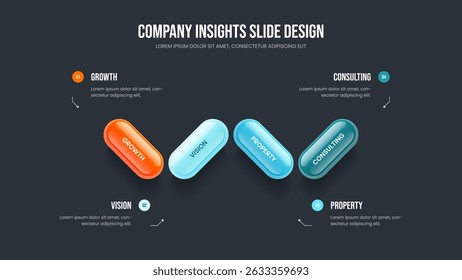 Business Campaign Slide Design Vector Illustration. Product Planning 4 Element Diagram Presentation Template. Service Growth Four Step Infographic Frame Layout.