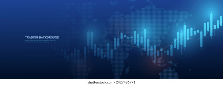 A business candle chart on a blue background with a global world map. The schedule of investment trading on the stock market. A business market chart. Vector EPS 10.