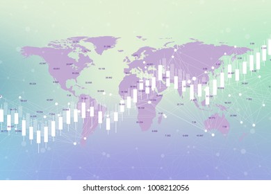 Business candle stick graph chart of stock market investment trading on World map background design. Stock market chart. Bullish point, Trend of graph. Vector illustration
