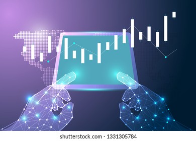 	
Business candle stick graph chart of stock market investment trading on dark background design. Bullish point, Trend of graph. Vector