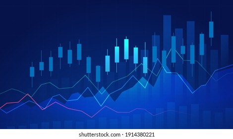 Gráfico gráfico de velas de negocios de inversión en bolsa con fondo azul. Punto bullish, tendencia ascendente del gráfico. Diseño de vectores económicos