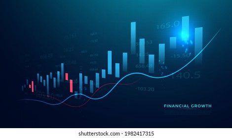 Gráfico gráfico de velas de negocios de inversión en bolsa con fondo azul. Punto bullish, tendencia ascendente del gráfico. Diseño de vectores económicos