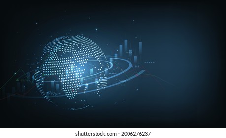 Gráfico gráfico de barras de velas de negocios del mercado de valores de la inversión en bolsa.mapa del mundo y gráfico de gráfico del mercado de valores, tecnología digital, ideas de negocios y diseño de obras de arte.