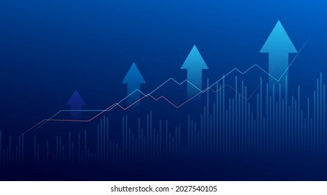 Gráfico gráfico de velas de negocios de inversión en bolsa con fondo azul. Punto bullish, tendencia ascendente del gráfico. Diseño de vectores económicos