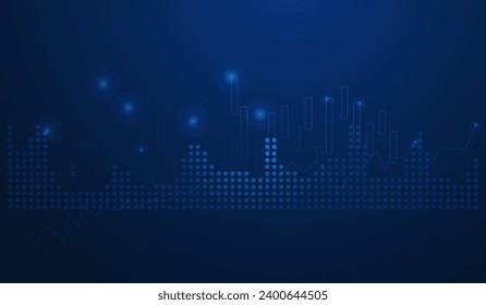 Un gráfico de la barra de velas de negocios de la inversión en el mercado de valores sobre fondo azul. Punto bullish, tendencia ascendente del gráfico, vector, ilustración