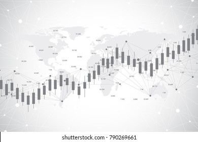 Business candle stick graph chart of stock market investment trading on World map background design. Stock market chart. Bullish point, Trend of graph. Vector illustration