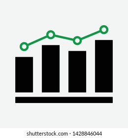 Business candle stick graph trending upwards, black and green icon, vector illustration.