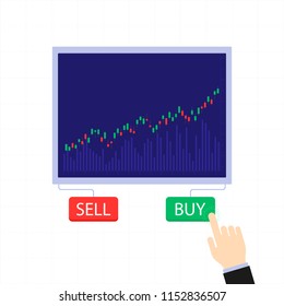 Business Candlestick Chart With Buy And Sell Buttons. Stock Market And Trade Exchange Vector Concept. Illustration Of Business Trader, Finance Stock Market.