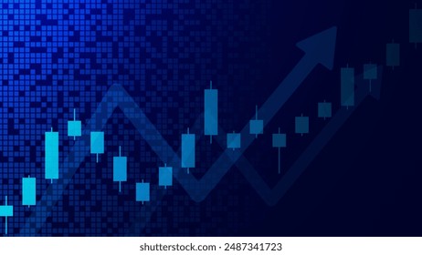 Business candlesticks and up trend on technology blue background. Economic growing graph chart with glowing light. Stock market, forex trading and financial investment concept. Vector illustration