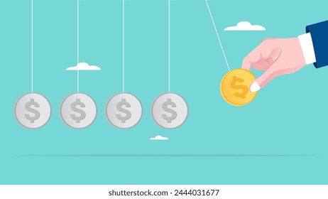 business capital or investment to get more returns or income, businessman hand pulls dollar coins as a pendulum to get a greater return or income concept vector illustration